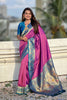 Pink Paithani Silk Saree Contrasting Blue Border Rich Gold Zari Peacock Pallu