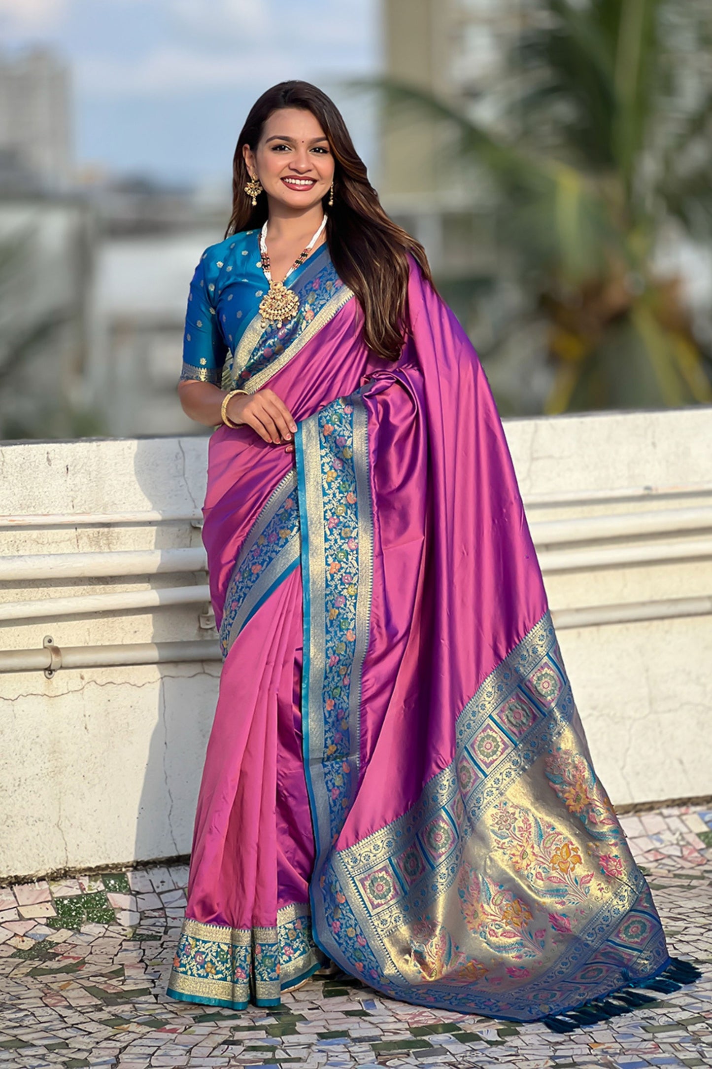 Pink Paithani Silk Saree Contrasting Blue Border Rich Gold Zari Peacock Pallu