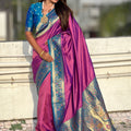 Pink Paithani Silk Saree Contrasting Blue Border Rich Gold Zari Peacock Pallu 