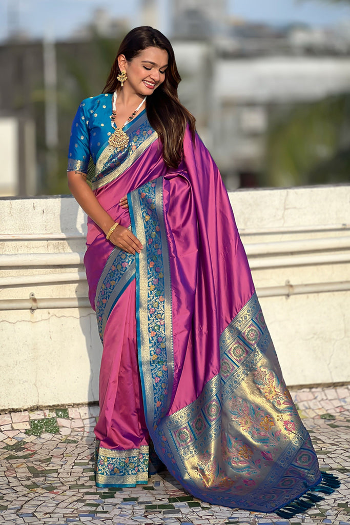Pink Paithani Silk Saree Contrasting Blue Border Rich Gold Zari Peacock Pallu 