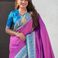 Pink Paithani Silk Saree Contrasting Blue Border Rich Gold Zari Peacock Pallu