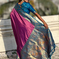 Pink Paithani Silk Saree Contrasting Blue Border Rich Gold Zari Peacock Pallu