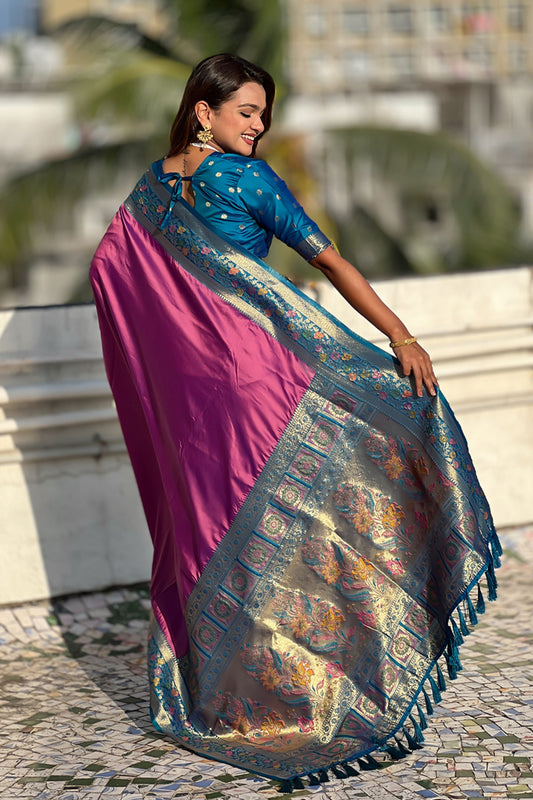 Pink Paithani Silk Saree Contrasting Blue Border Rich Gold Zari Peacock Pallu