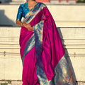 Hot Pink Paithani Silk Saree Border Rich Gold Zari Peacock Pallu