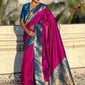 Hot Pink Paithani Silk Saree Border Rich Gold Zari Peacock Pallu 