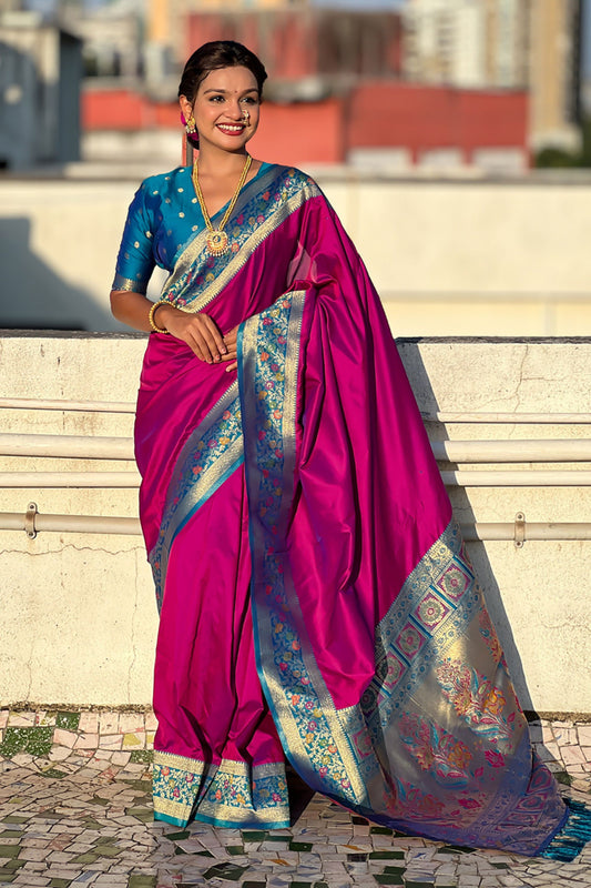 Hot Pink Paithani Silk Saree Border Rich Gold Zari Peacock Pallu