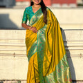 Mustard Yellow Paithani Silk Saree Rich Gold Zari Floral Peacock Pallu