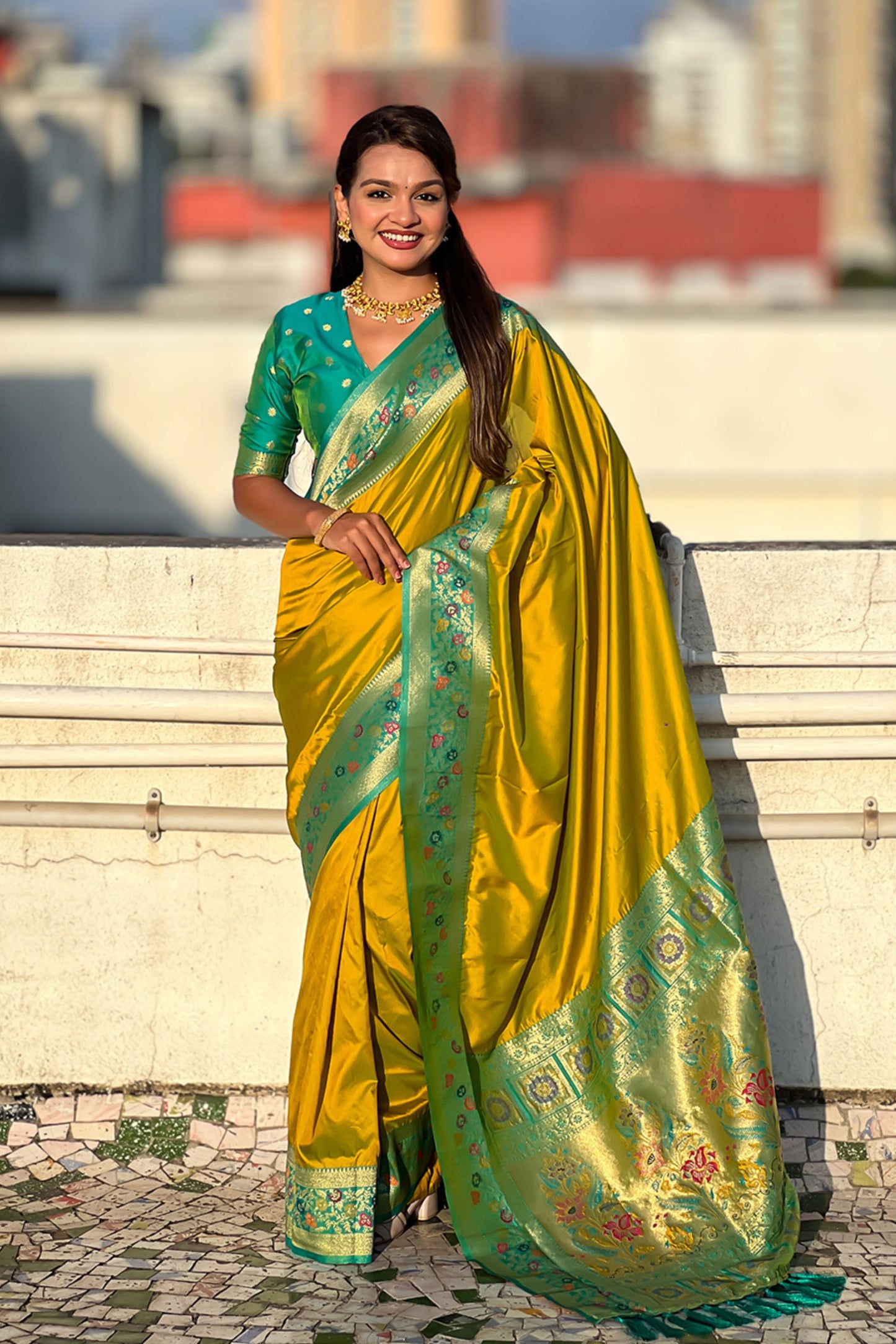 Mustard Yellow Paithani Silk Saree Rich Gold Zari Floral Peacock Pallu