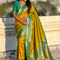  Mustard Yellow Paithani Silk Saree Rich Gold Zari Floral Peacock Pallu 