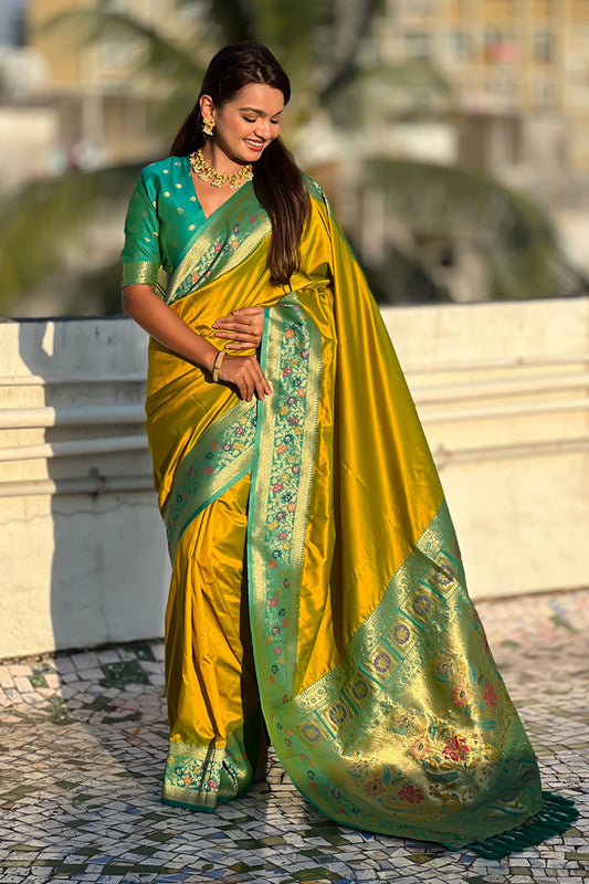  Mustard Yellow Paithani Silk Saree Rich Gold Zari Floral Peacock Pallu 
