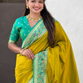 Mustard Yellow Paithani Silk Saree Rich Gold Zari Floral Peacock Pallu