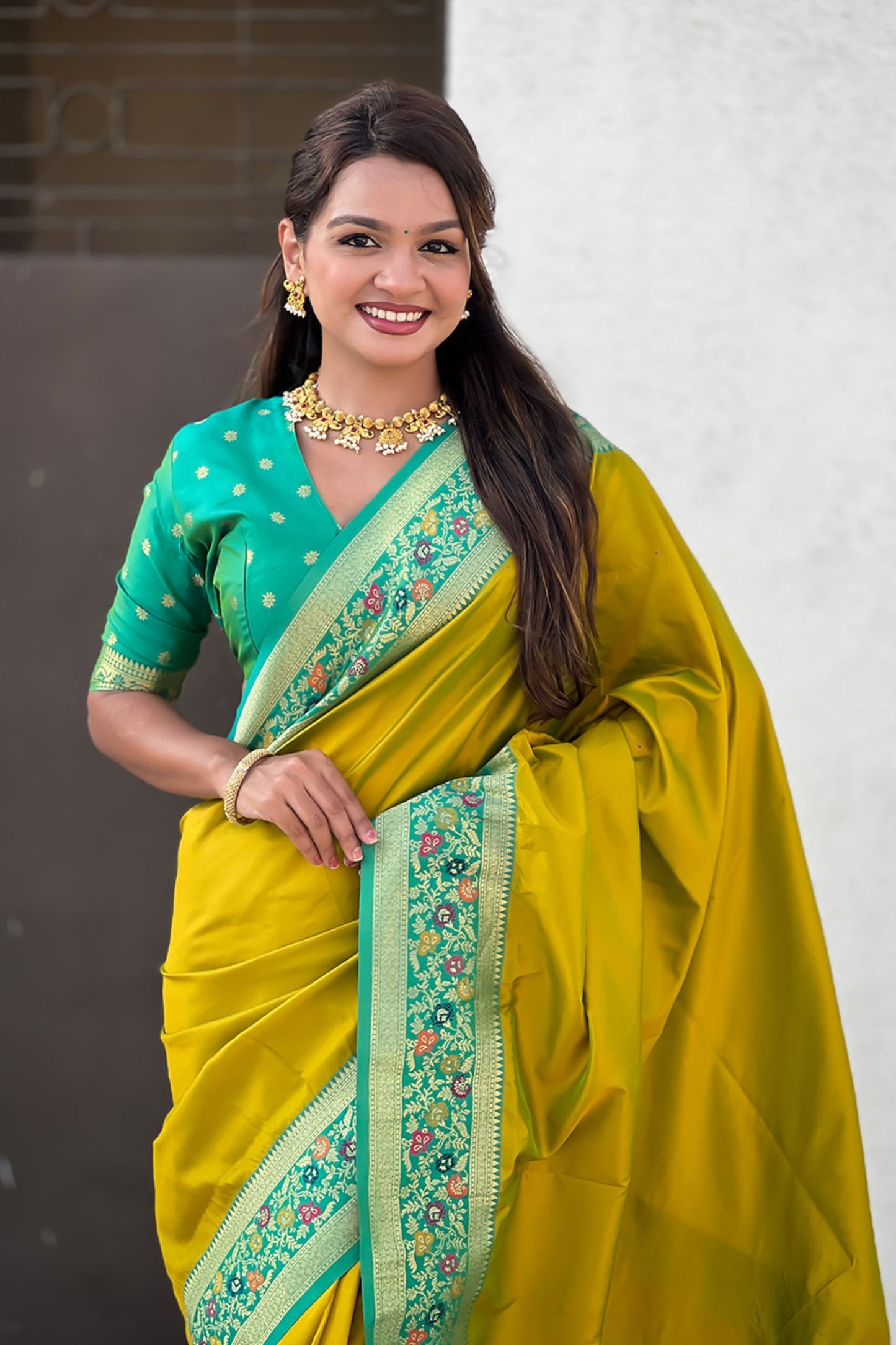 Mustard Yellow Paithani Silk Saree Rich Gold Zari Floral Peacock Pallu
