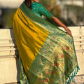 Mustard Yellow Paithani Silk Saree Rich Gold Zari Floral Peacock Pallu
