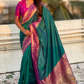  Teal Green Paithani Silk Saree Rich Gold Zari Floral Peacock Pallu 