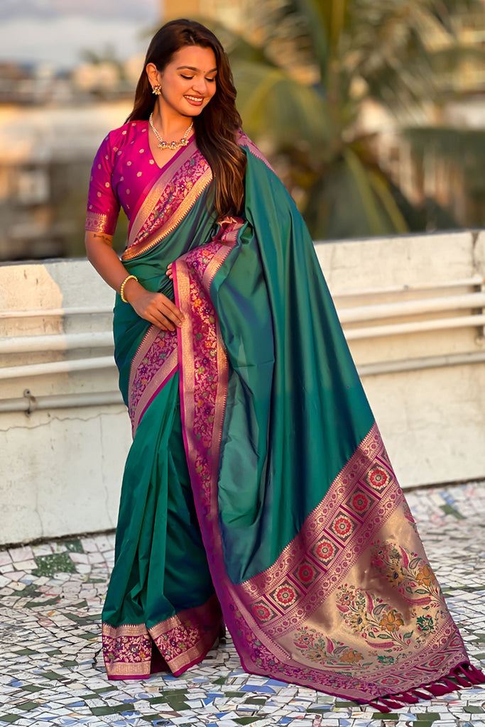  Teal Green Paithani Silk Saree Rich Gold Zari Floral Peacock Pallu 