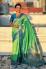 Green Banarasi Silk Saree Blue Contrast Border Floral Zari Weaving