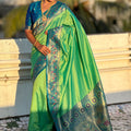 Green Banarasi Silk Saree Blue Contrast Border Floral Zari Weaving 