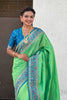 Green Banarasi Silk Saree Blue Contrast Border Floral Zari Weaving