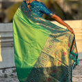 Green Banarasi Silk Saree Blue Contrast Border Floral Zari Weaving