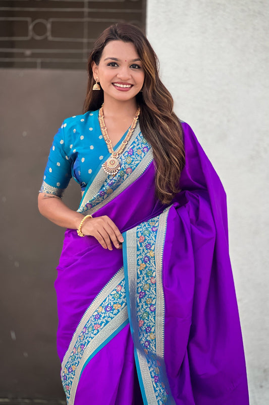 Purple Paithani Silk Saree and Rich Gold Zari Floral Peacock Pallu