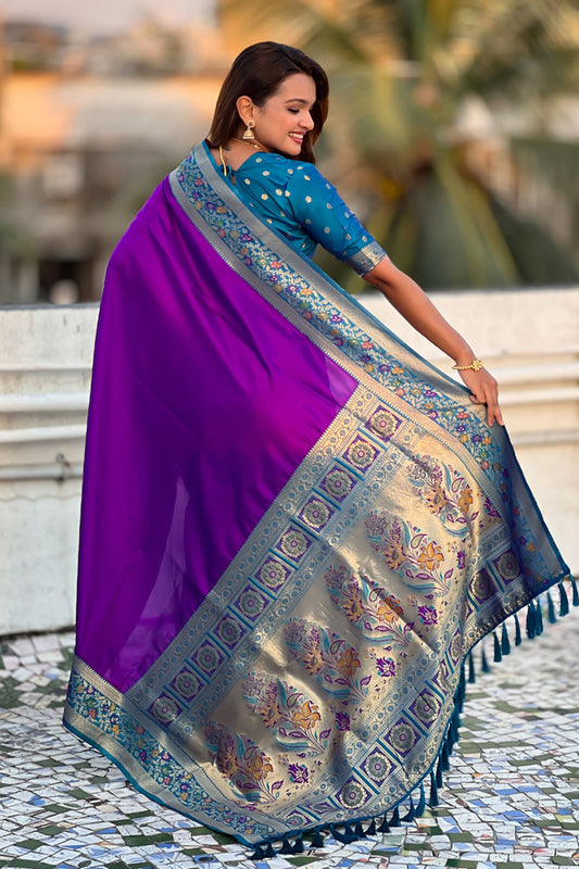 Purple Paithani Silk Saree and Rich Gold Zari Floral Peacock Pallu