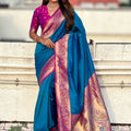  Teal Blue Paithani Silk Saree and Rich Gold Zari Floral Peacock Pallu