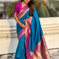 Teal Blue Paithani Silk Saree and Rich Gold Zari Floral Peacock Pallu