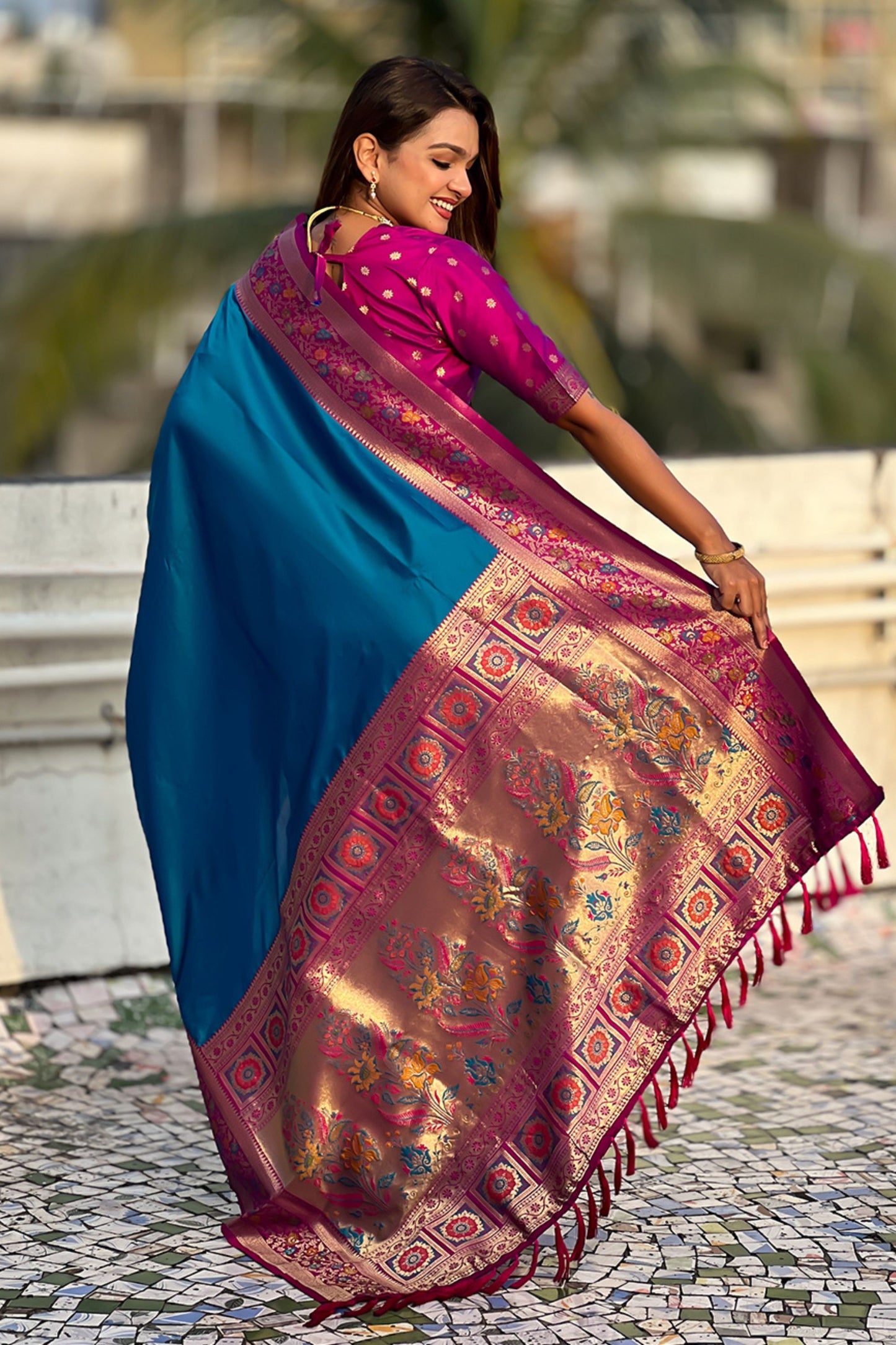 Teal Blue Paithani Silk Saree and Rich Gold Zari Floral Peacock Pallu