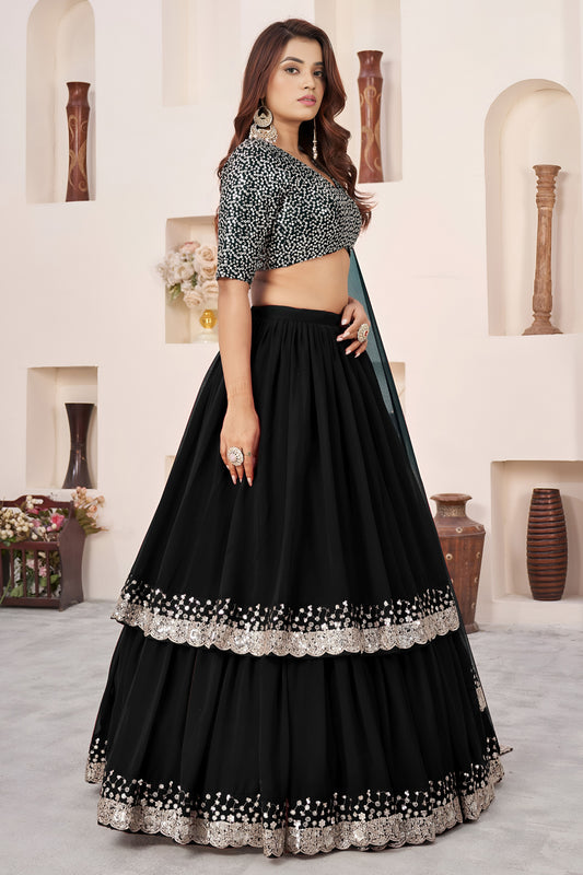 Elegant Black Embroidered Georgette Lehenga Choli with Soft Net Dupatta