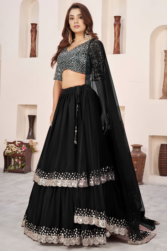 Elegant Black Embroidered Georgette Lehenga Choli with Soft Net Dupatta