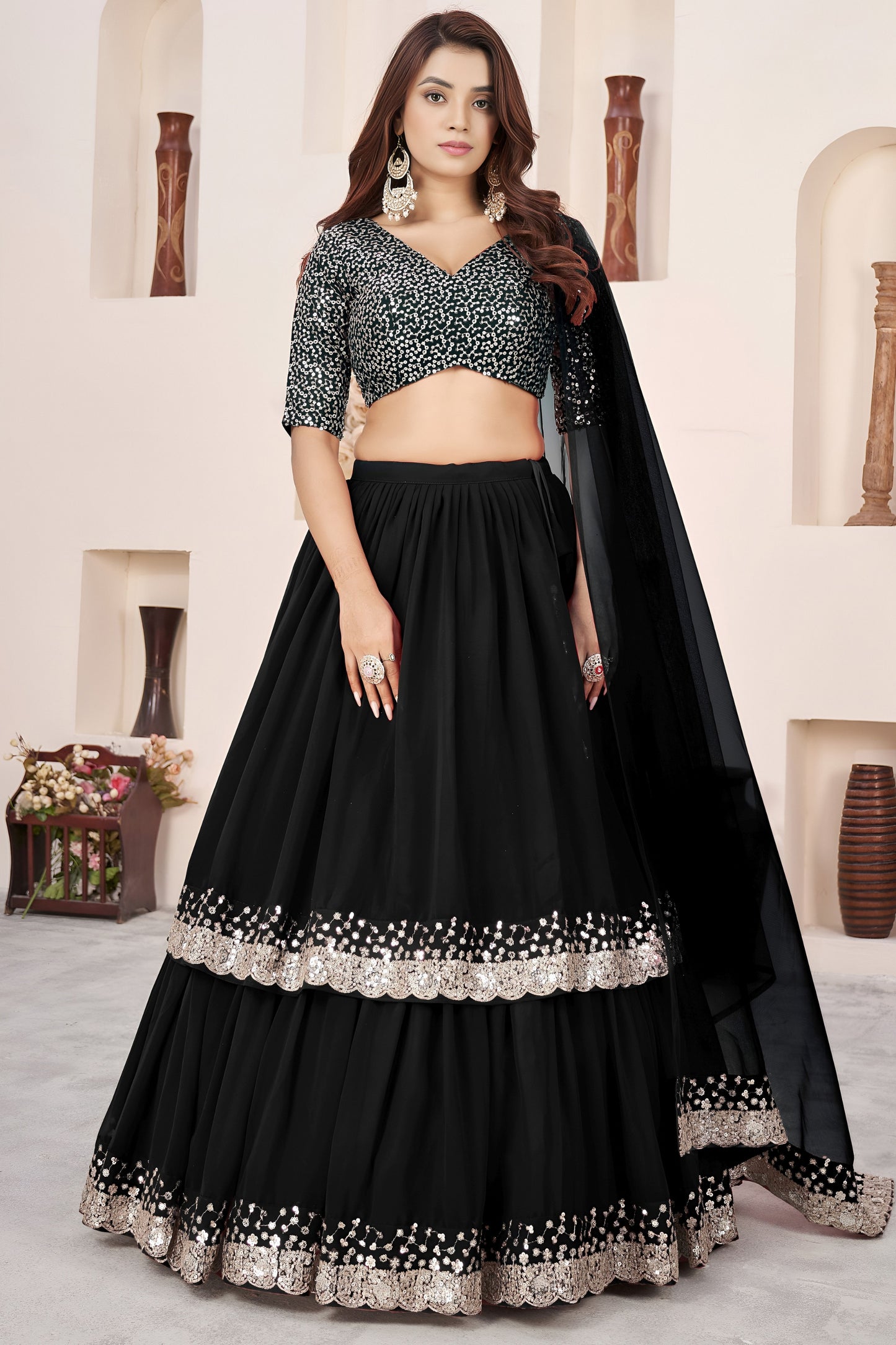  Elegant Black Embroidered Georgette Lehenga Choli with Soft Net Dupatta