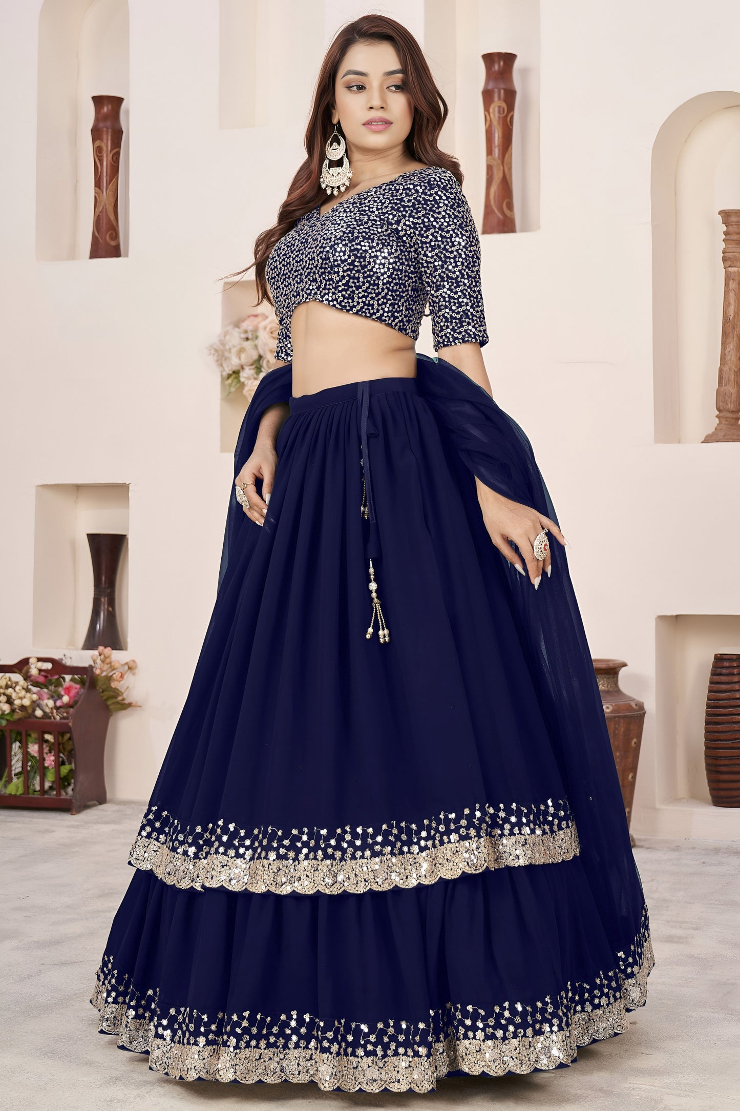 Beautiful Navy Blue Embroidered Georgette Lehenga Choli with Soft Net Dupatta
