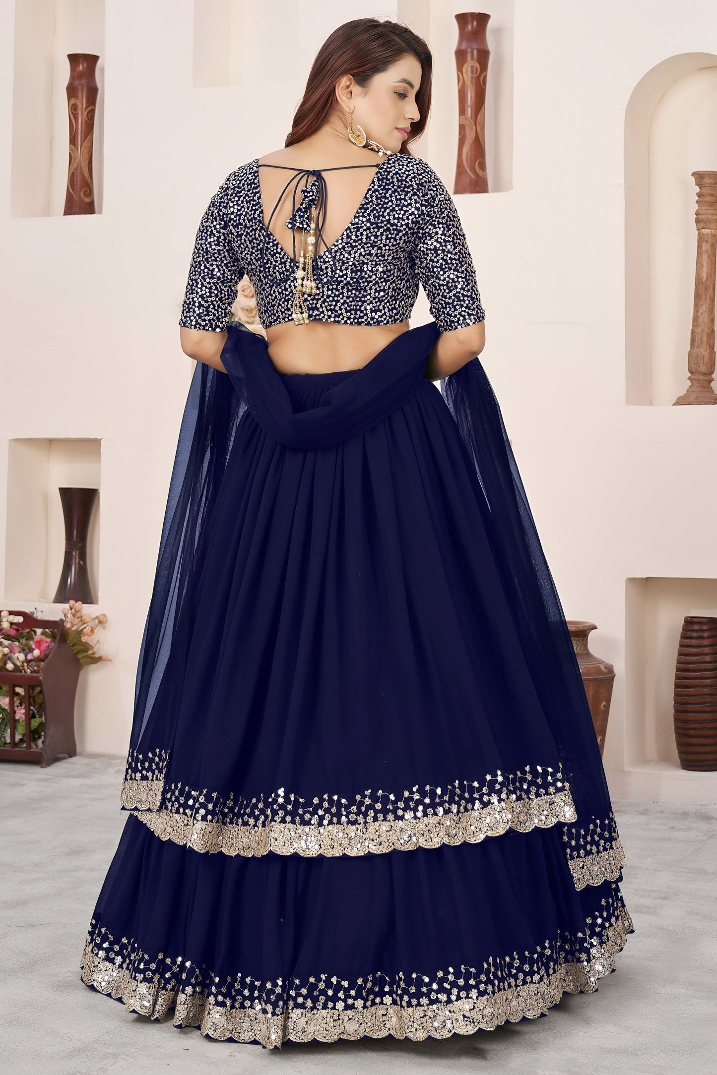 Beautiful Navy Blue Embroidered Georgette Lehenga Choli with Soft Net Dupatta