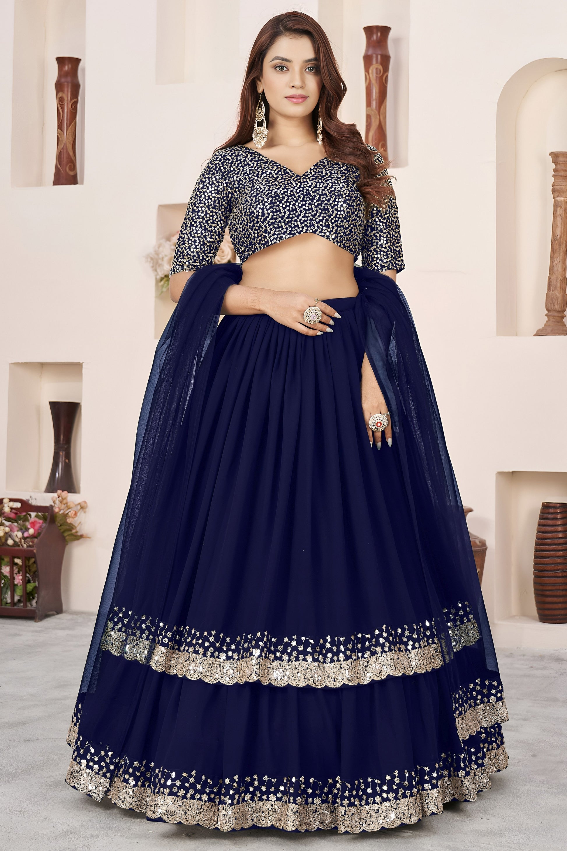  Beautiful Navy Blue Embroidered Georgette Lehenga Choli with Soft Net Dupatta