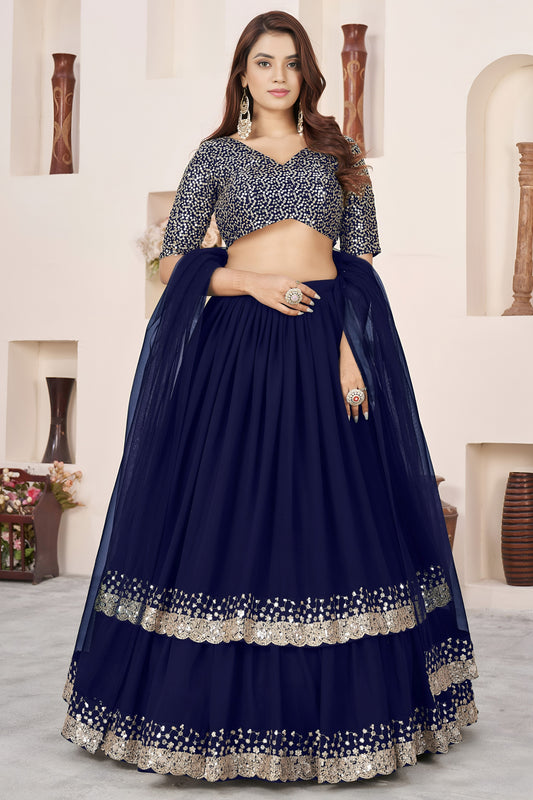 Beautiful Navy Blue Embroidered Georgette Lehenga Choli with Soft Net Dupatta