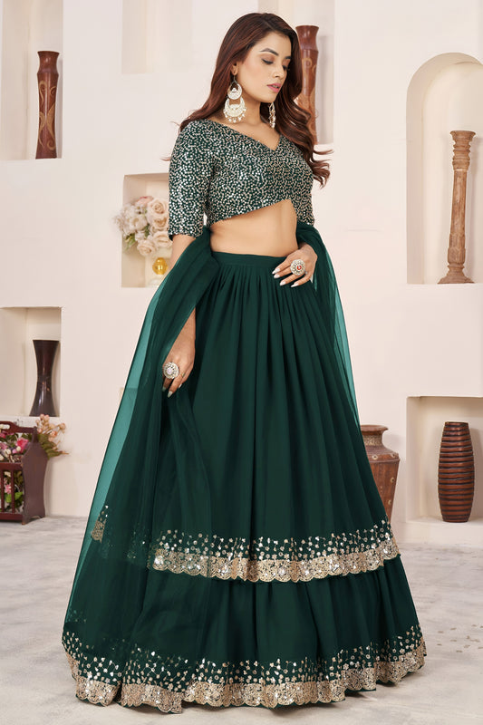 Stylish Rama Green Embroidered Georgette Lehenga Choli with Soft Net Dupatta