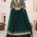 Stylish Rama Green Embroidered Georgette Lehenga Choli with Soft Net Dupatta