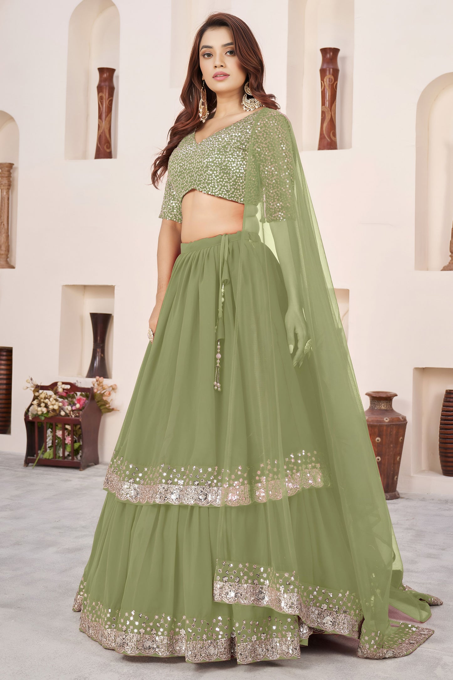 Fresh Pista Green Embroidered Georgette Lehenga Choli with Soft Net Dupatta