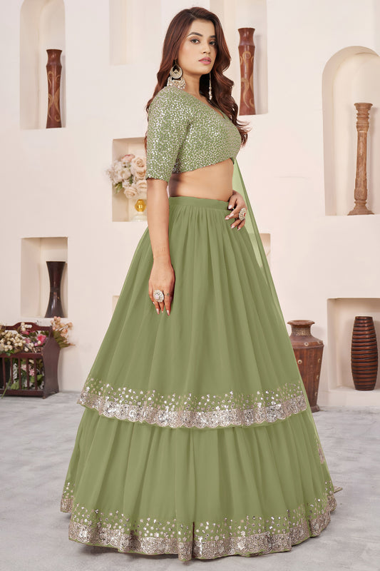 Fresh Pista Green Embroidered Georgette Lehenga Choli with Soft Net Dupatta
