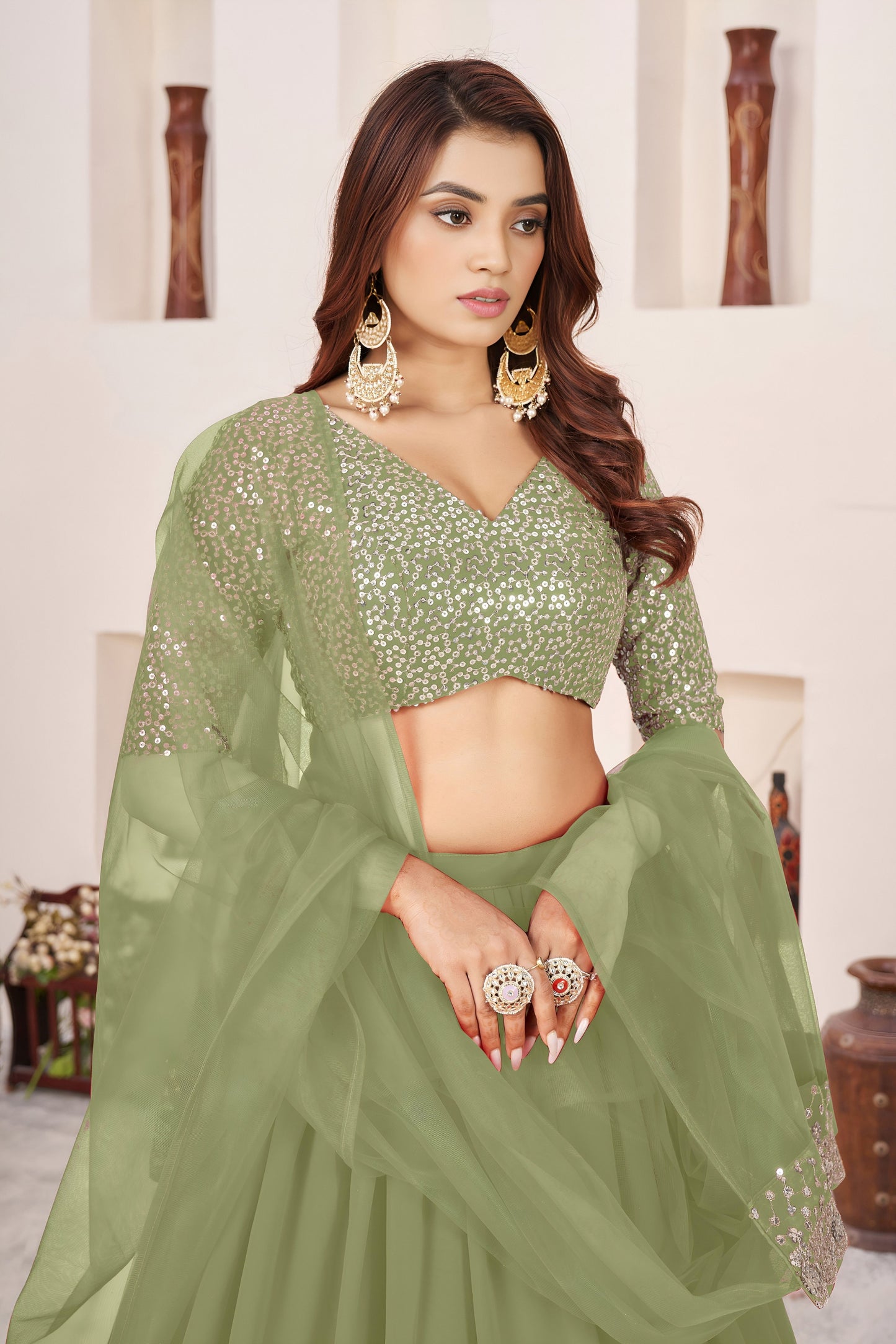 Fresh Pista Green Embroidered Georgette Lehenga Choli with Soft Net Dupatta
