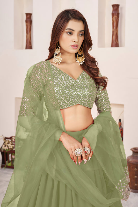 Fresh Pista Green Embroidered Georgette Lehenga Choli with Soft Net Dupatta
