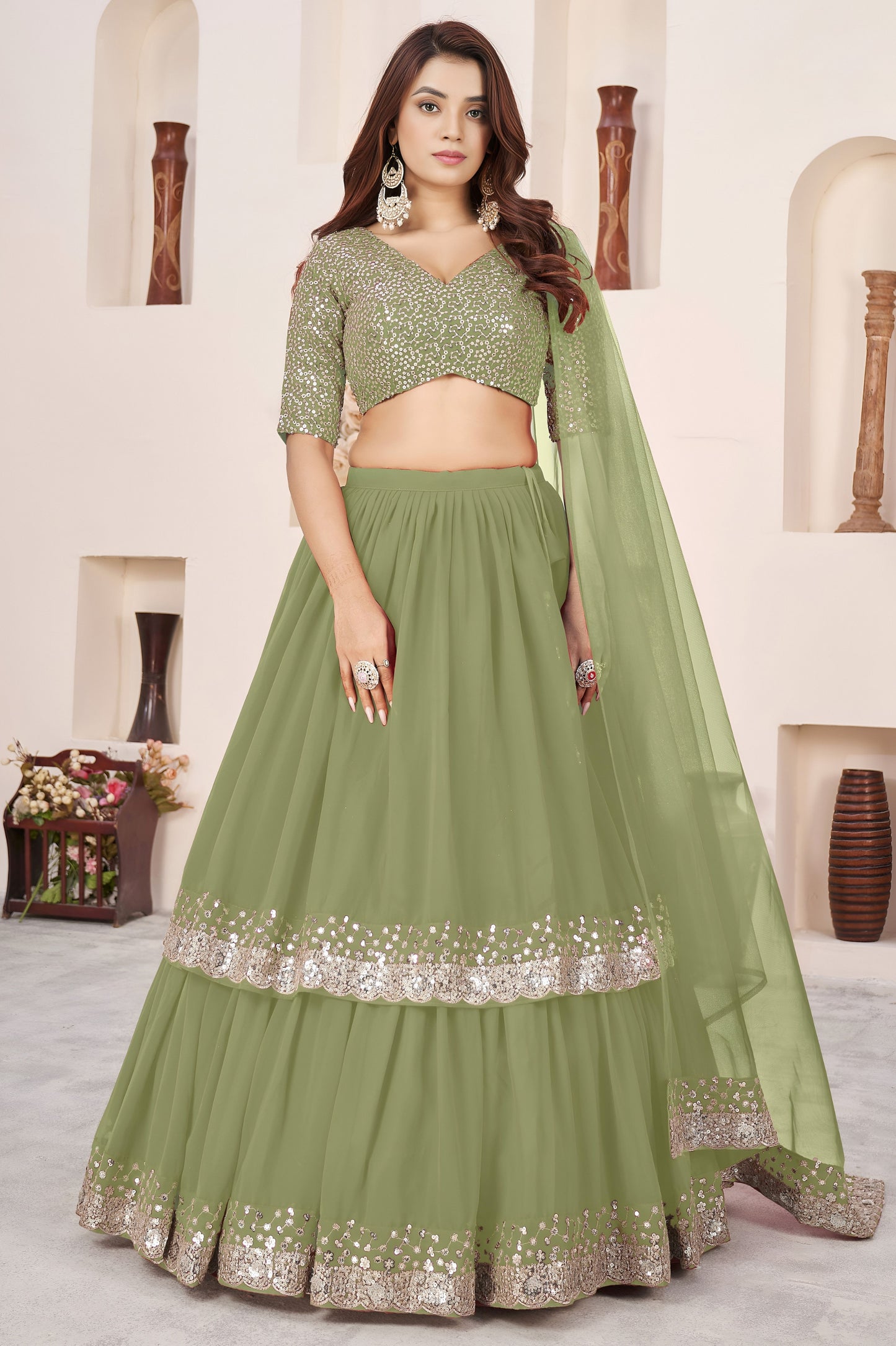 Fresh Pista Green Embroidered Georgette Lehenga Choli with Soft Net Dupatta