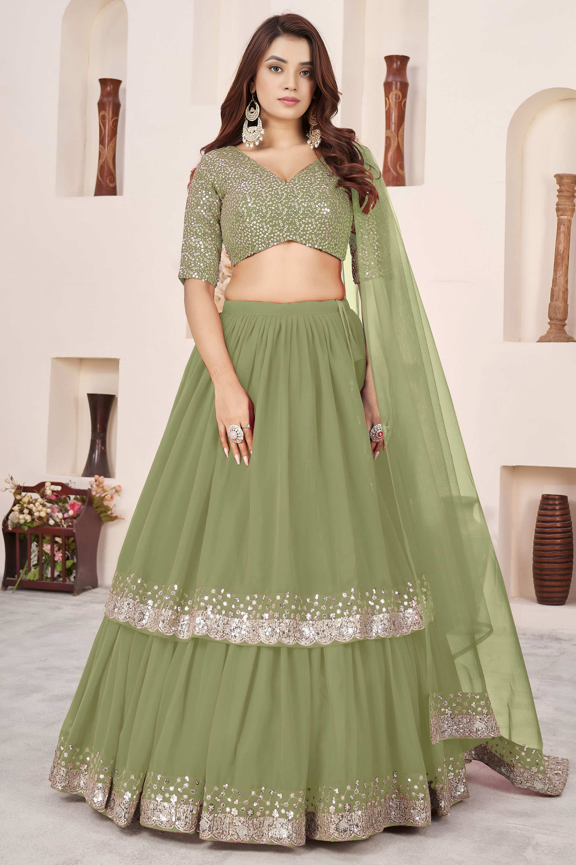 Fresh Pista Green Embroidered Georgette Lehenga Choli with Soft Net Dupatta
