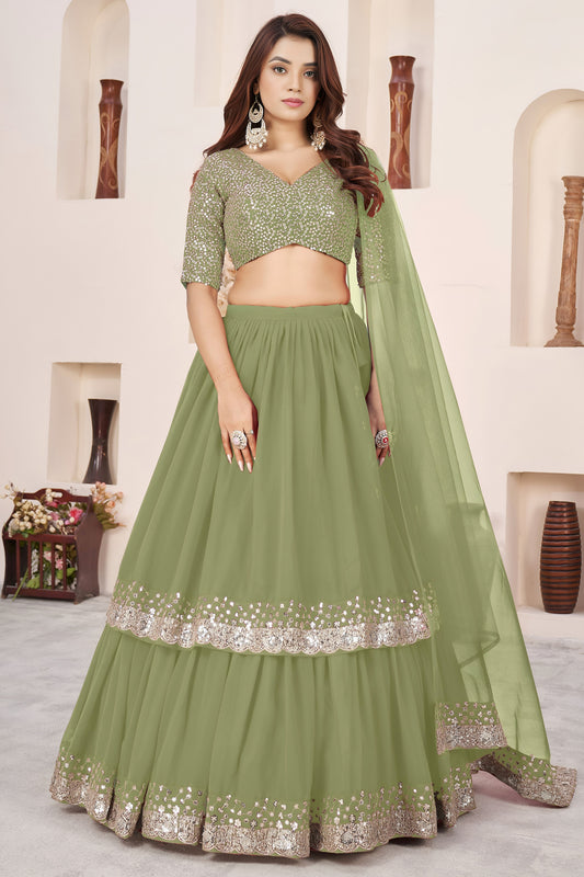 Fresh Pista Green Embroidered Georgette Lehenga Choli with Soft Net Dupatta