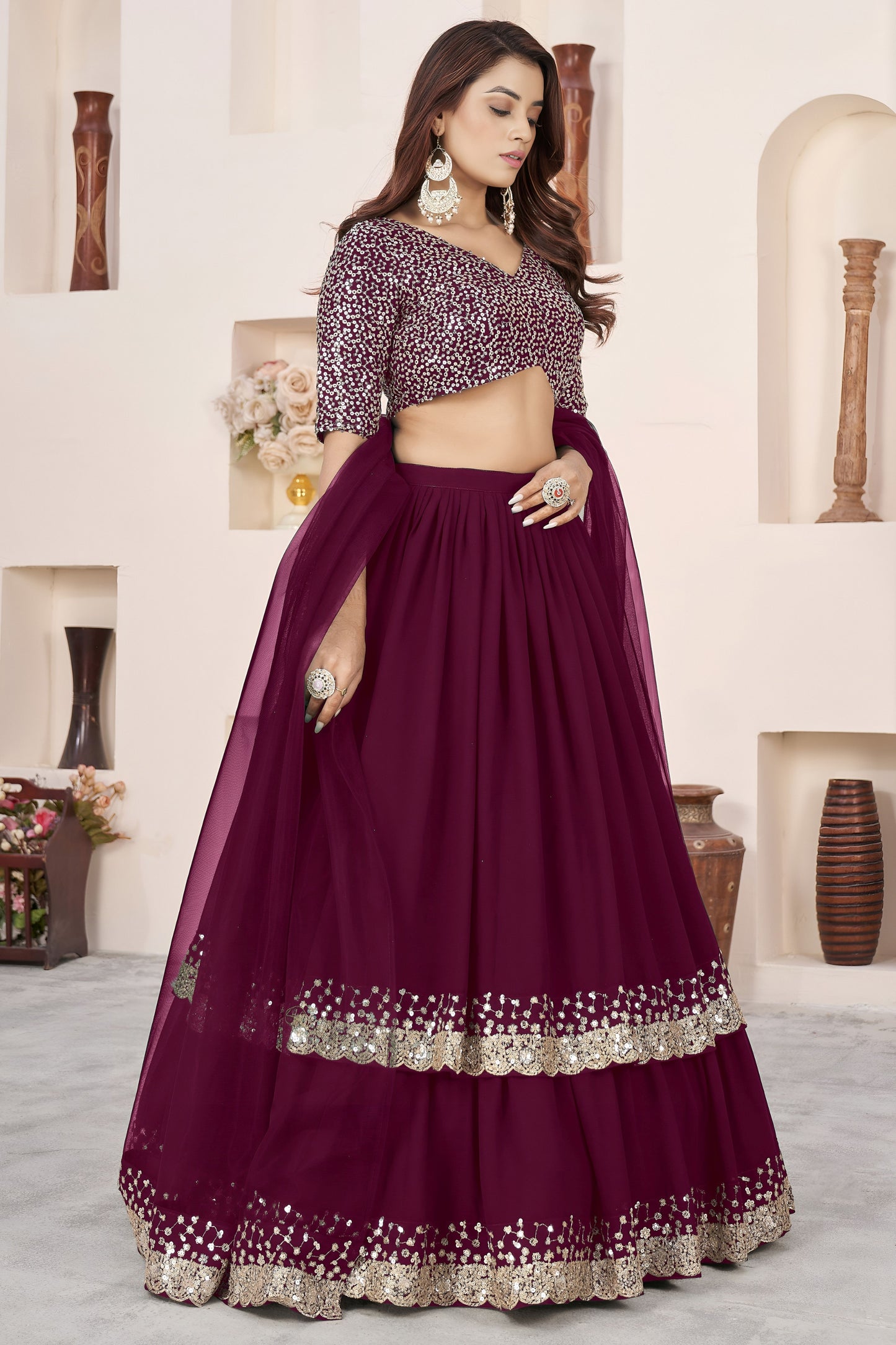 Superb Maroon Embroidered Georgette Lehenga Choli with Soft Net Dupatta