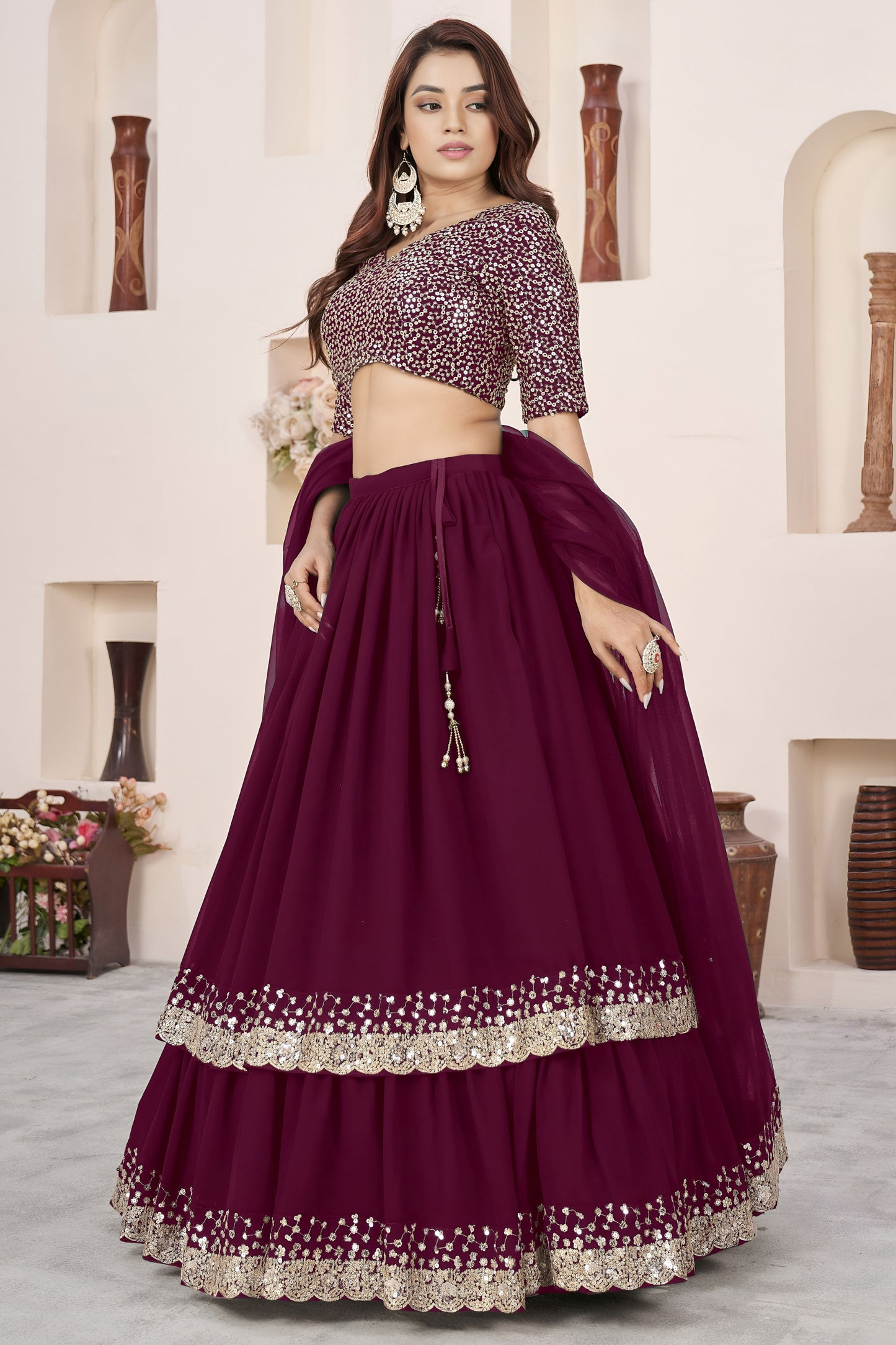 Superb Maroon Embroidered Georgette Lehenga Choli with Soft Net Dupatta
