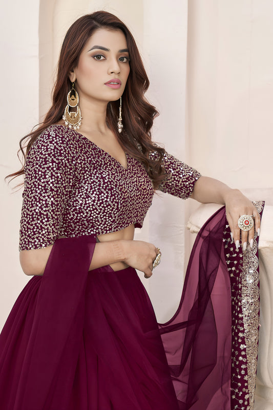 Superb Maroon Embroidered Georgette Lehenga Choli with Soft Net Dupatta