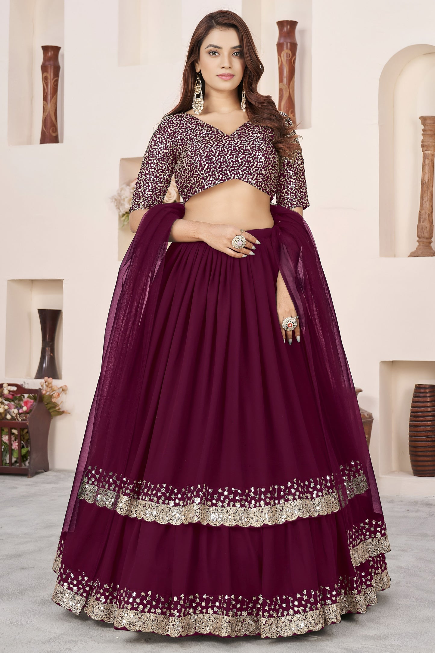 Superb Maroon Embroidered Georgette Lehenga Choli with Soft Net Dupatta