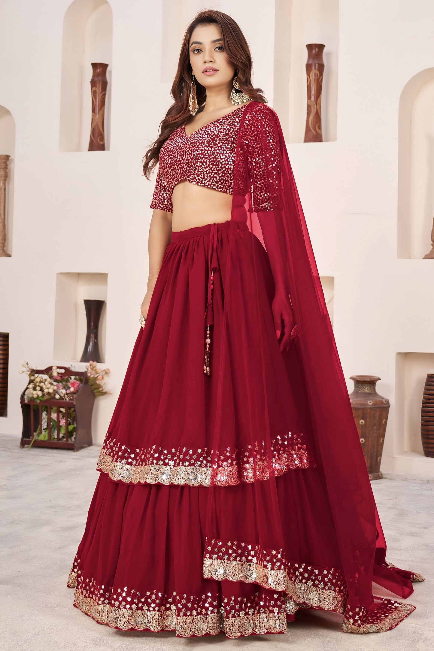 Charming Red Embroidered Georgette Lehenga Choli with Soft Net Dupatta