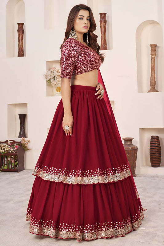 Charming Red Embroidered Georgette Lehenga Choli with Soft Net Dupatta